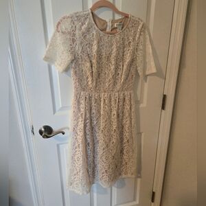 Ivory Lace Short Sleeve Fit & Flare Dress Illusion